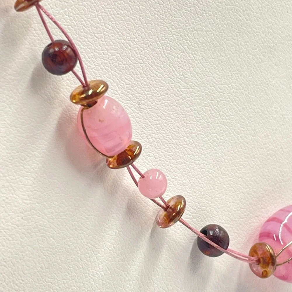 Vintage Y2K Pink Glass Illusion Necklace Floating Beaded Cord Mixed Stone Boho